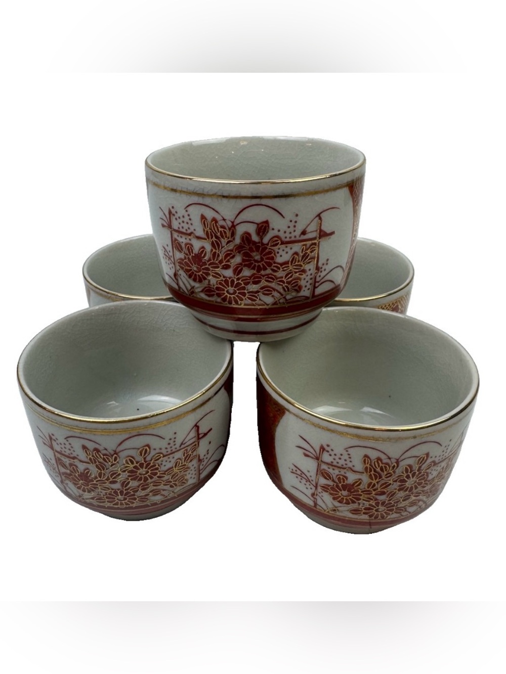 VTG Japanese Satsuma Sake Tea Cups Set Of 5 Red Gold Floral Crackle Glaze Marked